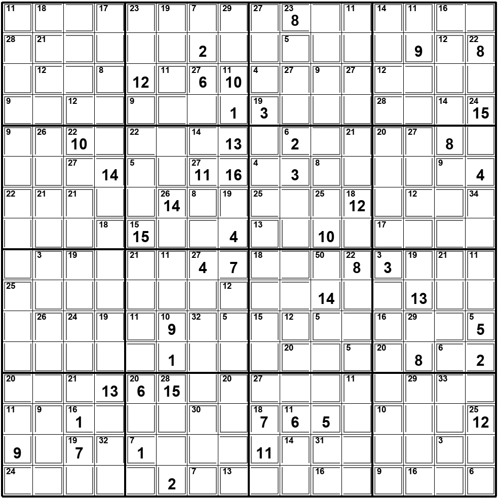 King-Size 16×16 Killer Sudoku sample puzzle